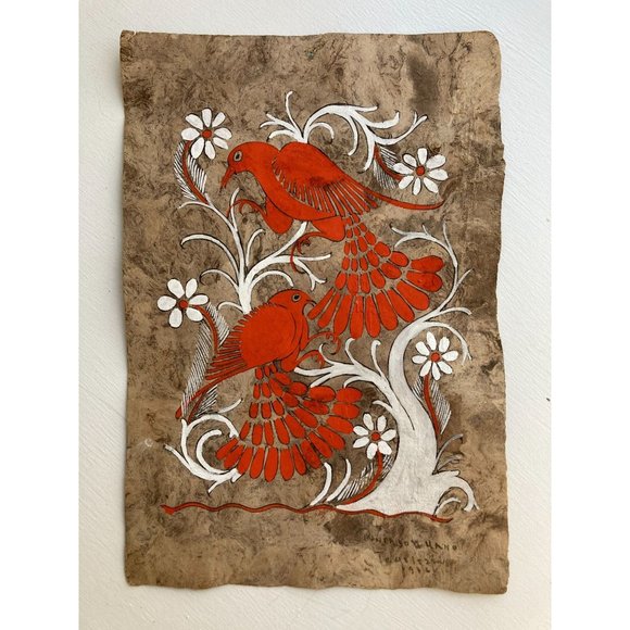 Spirit Animal Mexican Folk Art Bird Painting on Handmade Paper- Signed 12" x 8"
